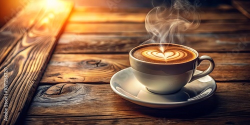 Wallpaper Mural A Cup of Steaming Coffee with a Heart Design in the Foam on a Rustic Wooden Table Torontodigital.ca