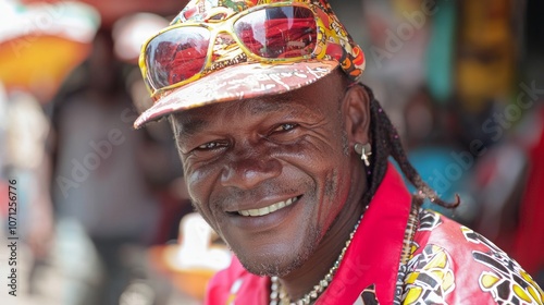 Charismatic Street Hustler in Flashy Attire Smiling Amidst Vibrant Urban Setting