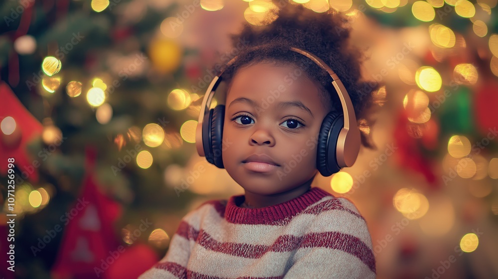 A cheerful young girl wearing colorful headphones smiles brightly, surrounded by twinkling holiday lights that create a warm, festive atmosphere, capturing the joy of the season. A cheerful young girl wearing colorful headphones smiles brightly, surrounded by twinkling holiday lights that create a warm, festive atmosphere, capturing the joy of the season.