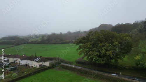 High Angle View of Countryside of Blagdon, Bristol, Avon, England UK During Foggy and Cloudy Morning. photo