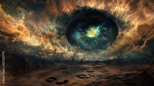 Apocalyptic Landscape with Giant Eye in the Sky and Footprints on the Ground - Digital Art. photo