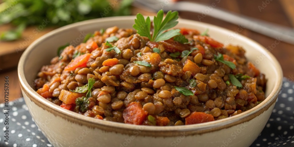 Image of Lentils A closeup of a dish of cooked lentils displaying their earthy texture and warm color. Lentils are high in protein and fiber contributing to gradual glucose Image of Lentils A closeup of a dish of cooked lentils displaying their earthy texture and warm color. Lentils are high in protein and fiber contributing to gradual glucose