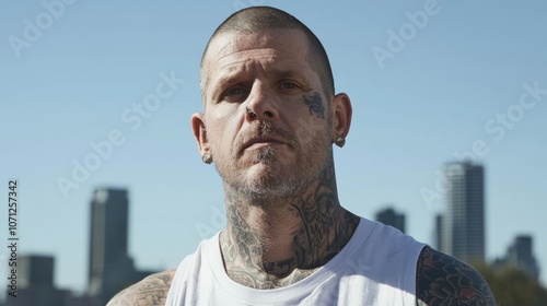 Defiant Strength: Portrait of Hardened Ex-Convict in Urban Setting Exuding Resilience photo