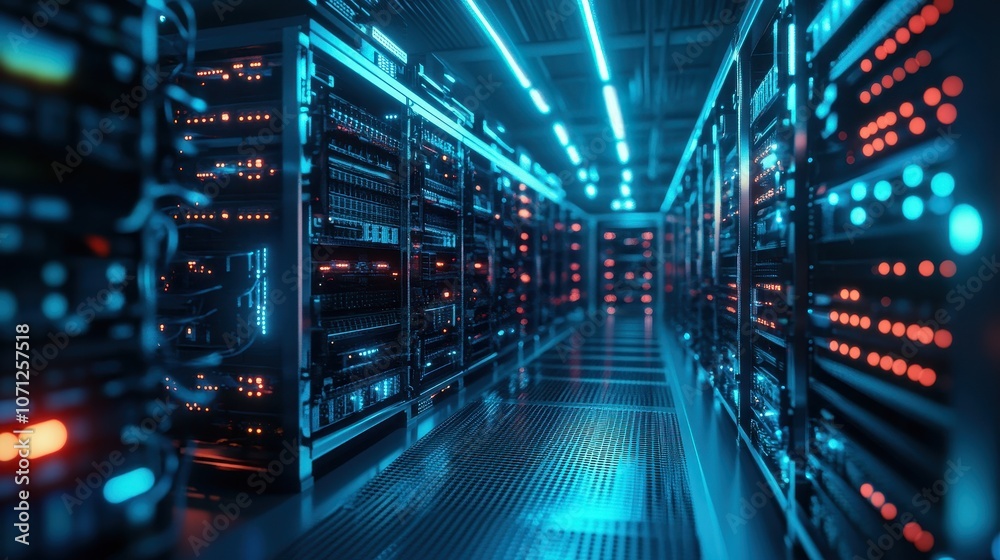 Blue and Red Illuminated Server Racks in Modern Data Center with Futuristic Design