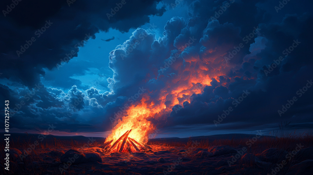 Naklejka premium bonfire scene with dramatic storm brewing in distance, showcasing vibrant flames against dark, moody sky. contrast creates intense atmosphere of nature power and beauty