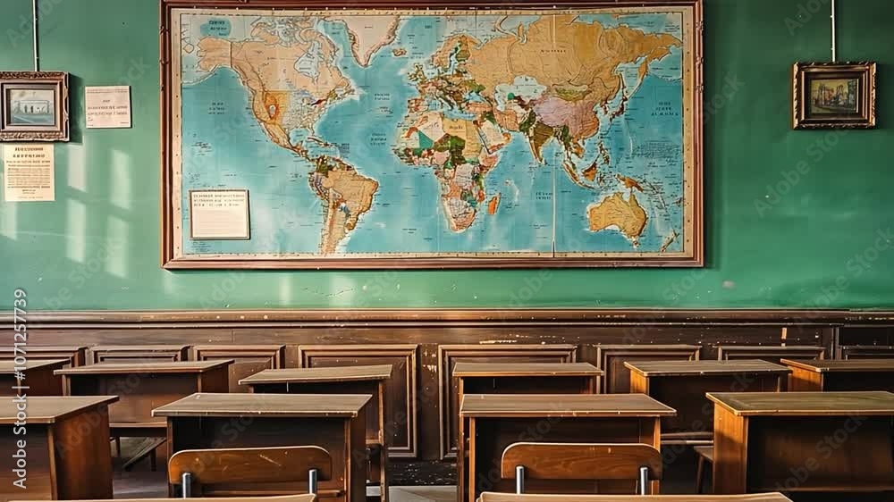 This Desks arranged in a vintage classroom with a large world map on ...