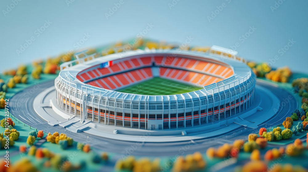Obraz premium detailed model of stadium surrounded by colorful trees and clear sky, showcasing vibrant design and intricate architecture. scene evokes sense of excitement and anticipation