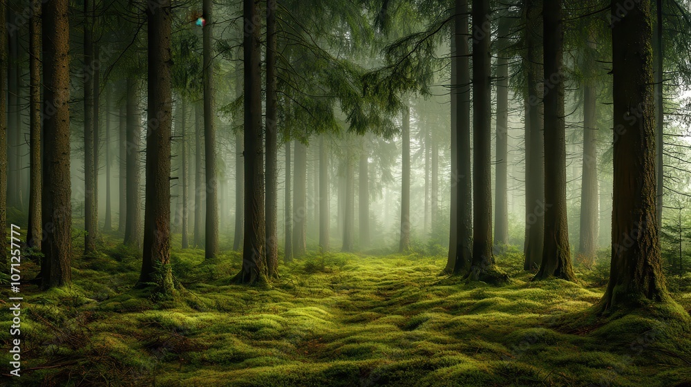 Obraz premium Mystical Forest Path Sun Rays Through Foggy Trees and Lush Mossy Ground.