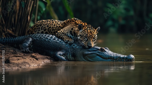 Majestic Jaguar Leans on a Crocodile in a Tropical River, Wildlife Photography, Amazon Rainforest. photo