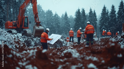 Collaboration and precision in action: engineer reviewing blueprints on construction site amidst machinery and workers.