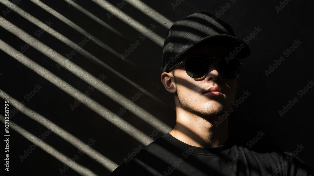 Shadowy Figure in Dark Alley Wearing Baseball Cap and Sunglasses - Mysterious and Intriguing Urban Scene with Suspenseful Vibe Shadowy Figure in Dark Alley Wearing Baseball Cap and Sunglasses - Mysterious and Intriguing Urban Scene with Suspenseful Vibe