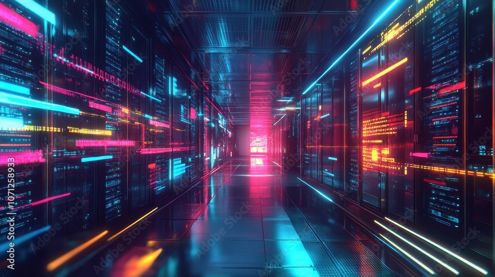 Futuristic Server Room Interior with Neon Lights and Glowing Data - 3D Render. Futuristic Server Room Interior with Neon Lights and Glowing Data - 3D Render.