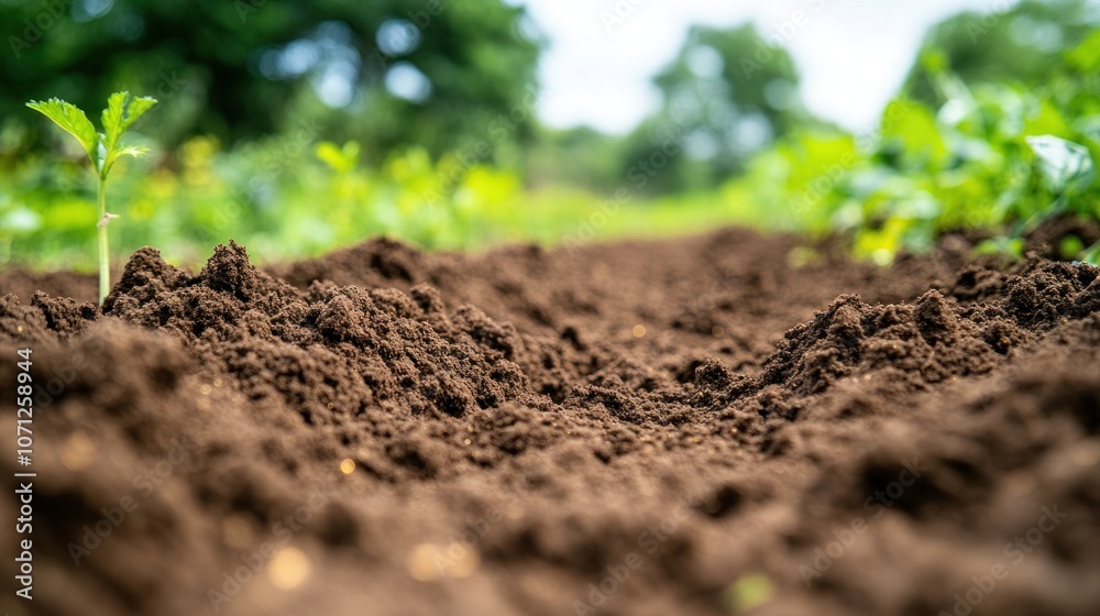 Close-up of rich, dark soil with young green plants emerging. Close-up of rich, dark soil with young green plants emerging.
