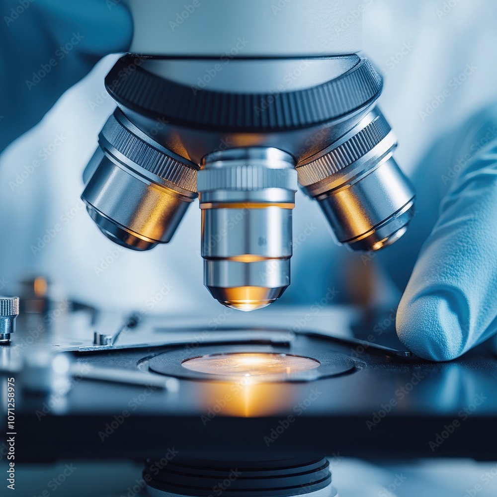 Close Up of a Microscope Lens with a Gloved Hand in the Background. Close Up of a Microscope Lens with a Gloved Hand in the Background.