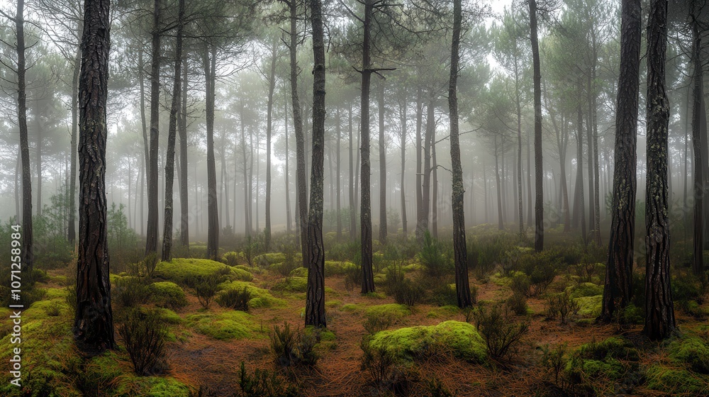 Mystical Foggy Forest with Tall Pine Trees and Lush Moss, Eerie Atmosphere, Nature Photography. Mystical Foggy Forest with Tall Pine Trees and Lush Moss, Eerie Atmosphere, Nature Photography.