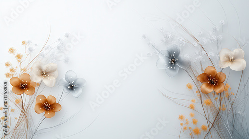 delicate abstract background featuring soft flowers in shades of silver, copper, and cream, creating serene and elegant atmosphere