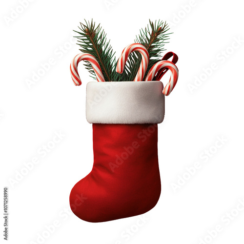 A festive red Christmas stocking filled with candy canes and pine twigs, isolated on transparent. Great for holiday and seasonal designs
