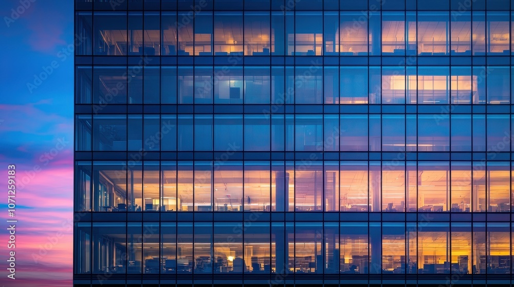 Modern Office Building at Sunset with Glowing Windows. Modern Office Building at Sunset with Glowing Windows.