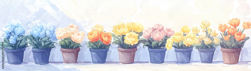 A colorful arrangement of flowering plants in pots, featuring blue, yellow, orange, and pink blooms, set against a soft, light background. A colorful arrangement of flowering plants in pots, featuring blue, yellow, orange, and pink blooms, set against a soft, light background.