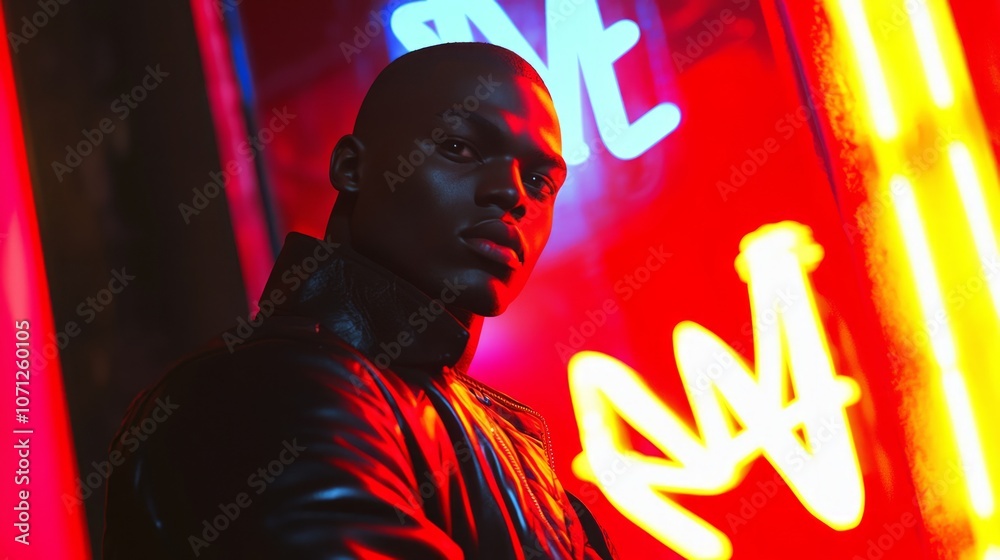 Obraz premium Urban Noir: Brooding Figure in Leather Jacket by Flickering Neon Sign | Ultra-Detailed Cityscape Portrait