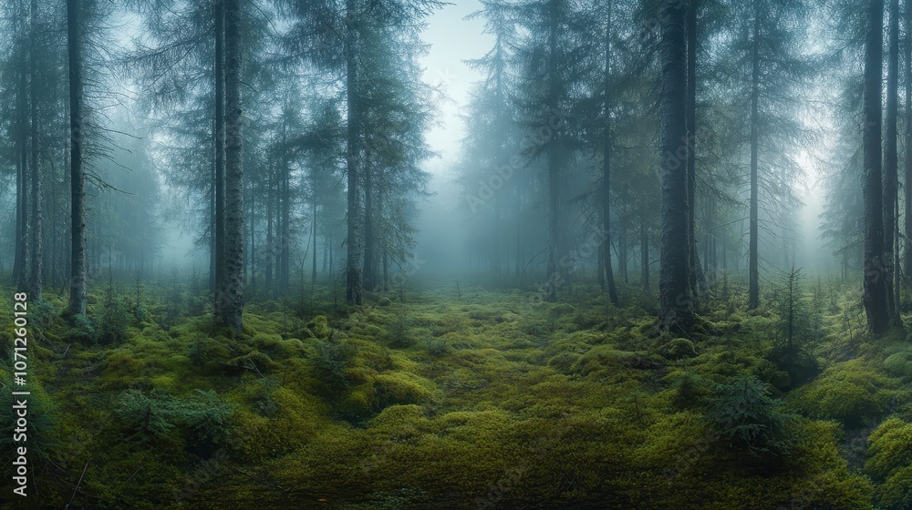 Mysterious Foggy Forest Path - Eerie and Atmospheric Nature Landscape. Mysterious Foggy Forest Path - Eerie and Atmospheric Nature Landscape.