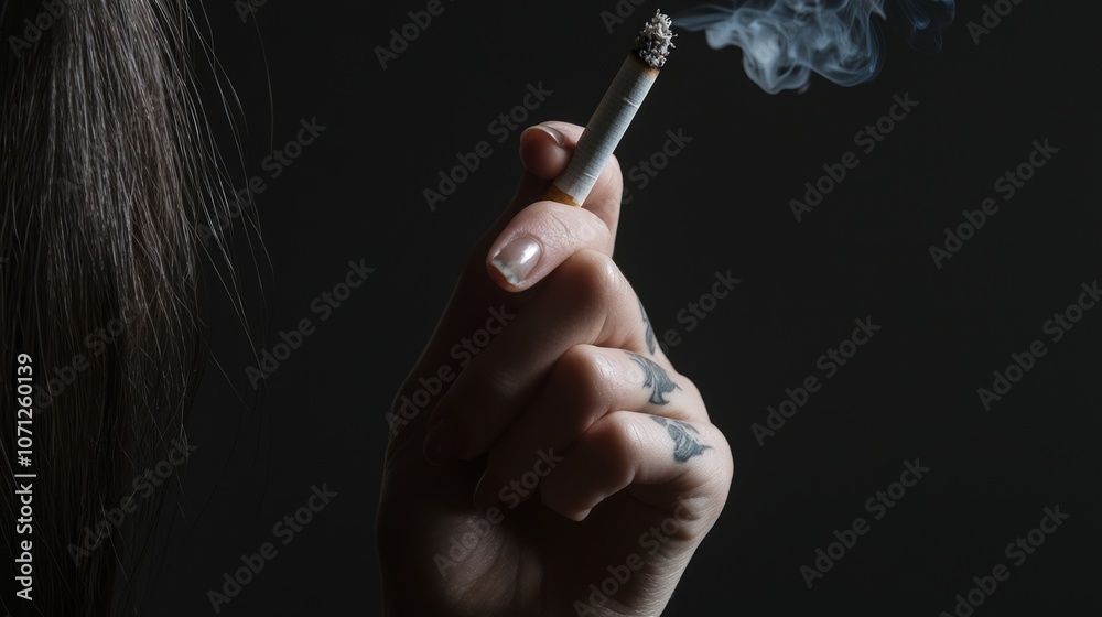 Fototapeta premium Fierce Choice: Woman's Tattooed Arm with Cigarette in Close-Up, Symbolic of Life Decisions in Dark Background