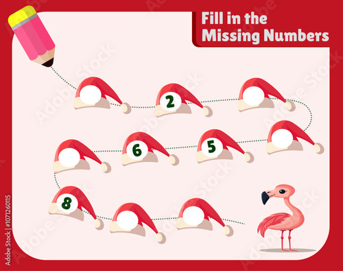 Fill in the Missing Numbers worksheet with Santa hats and flamingo for kids in Christmas theme flat vector design