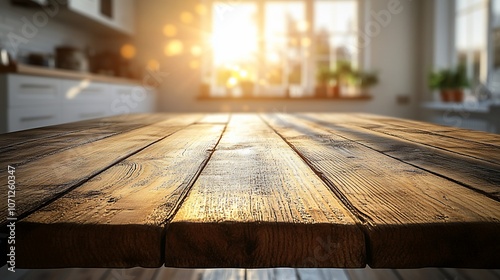 Wooden table surface with blurred kitchen background and sunlight.