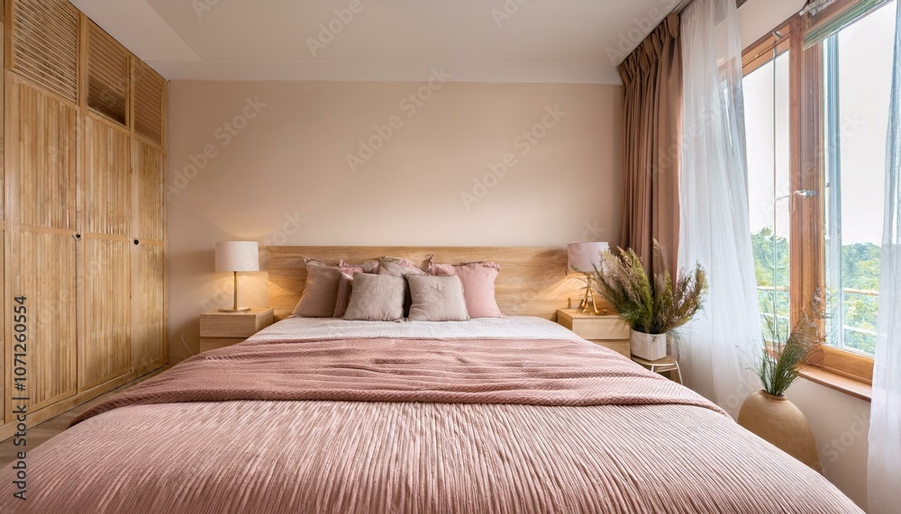 Wooden bedroom interior in beige and baby pink colour on light background Wooden bedroom interior in beige and baby pink colour on light background