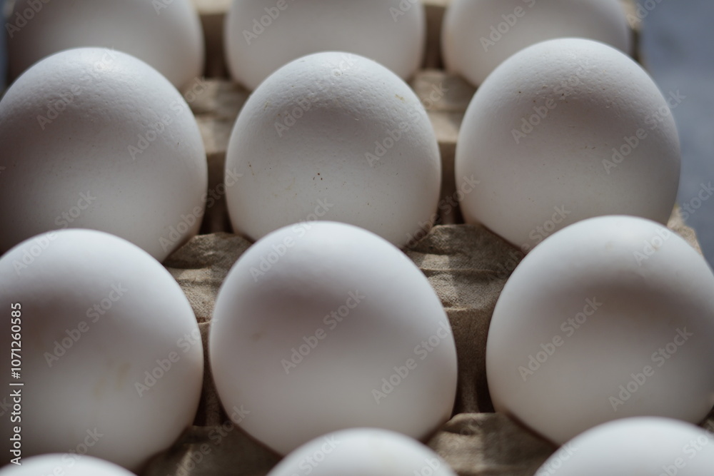 Una toma de cerca de varios huevos fresco de gallina para comer colocado en un cartón Una toma de cerca de varios huevos fresco de gallina para comer colocado en un cartón