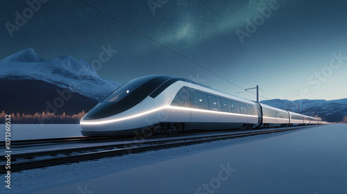 Futuristic high speed train traveling through snowy landscape in Southeast Alaska, illuminated under starry sky. sleek design and serene environment create captivating scene
