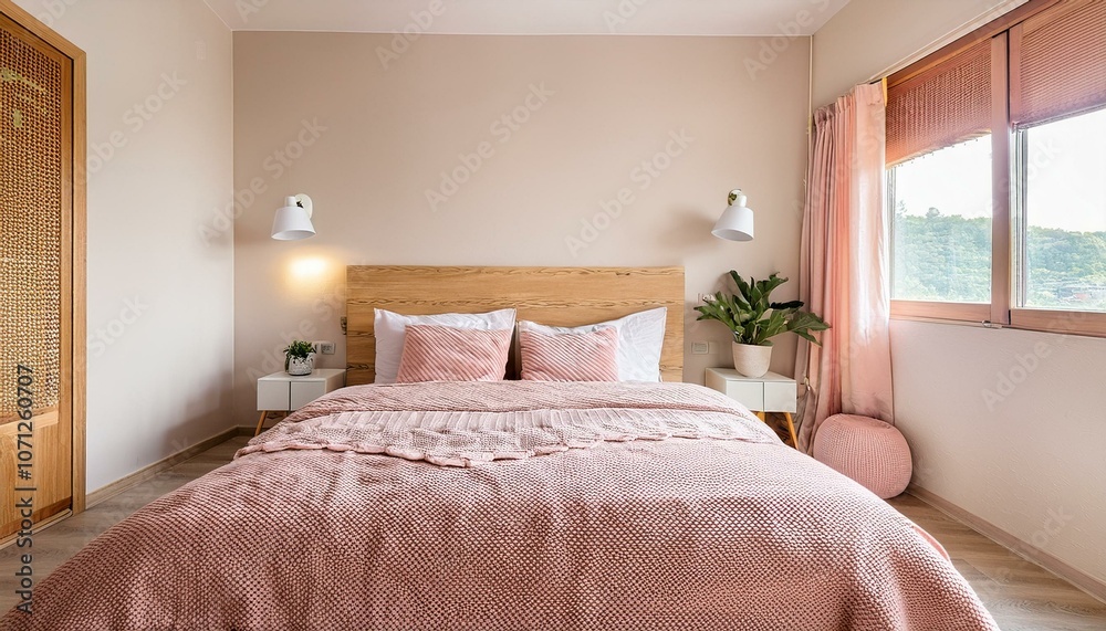 Wooden bedroom interior in beige and baby pink colour on light background Wooden bedroom interior in beige and baby pink colour on light background