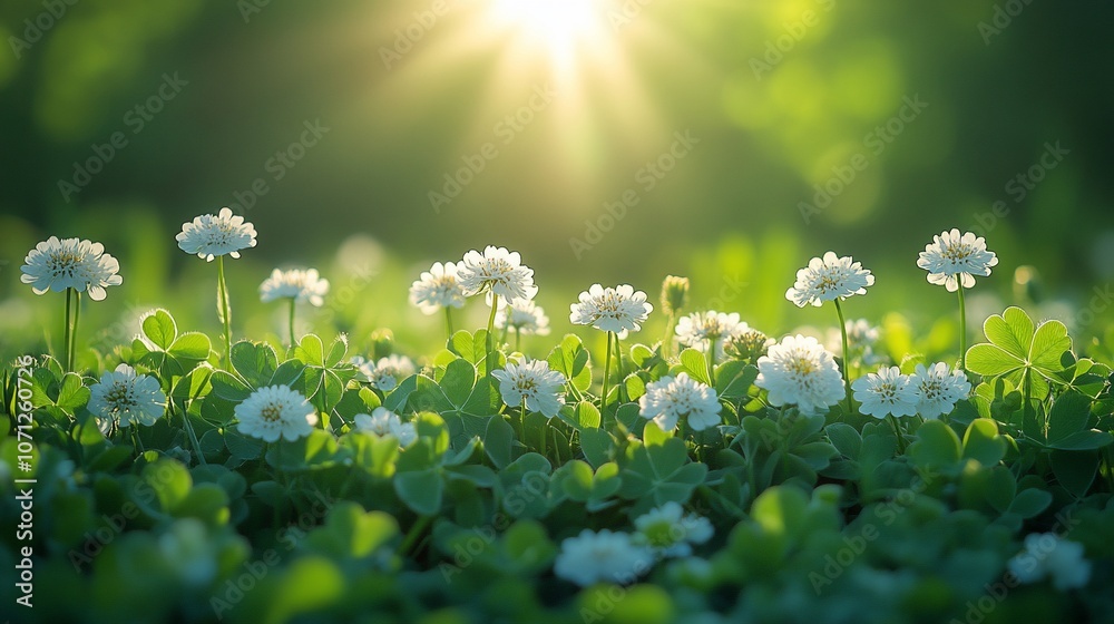 A field of white clover blossoms in the sunlight. A field of white clover blossoms in the sunlight.