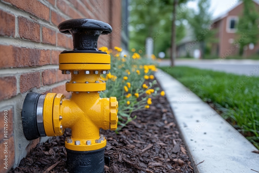 Yellow gas pipe emerging from brick wall with flange and bolts Yellow gas pipe emerging from brick wall with flange and bolts