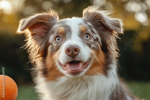 Happy australian shepherd smiling outdoors in nature