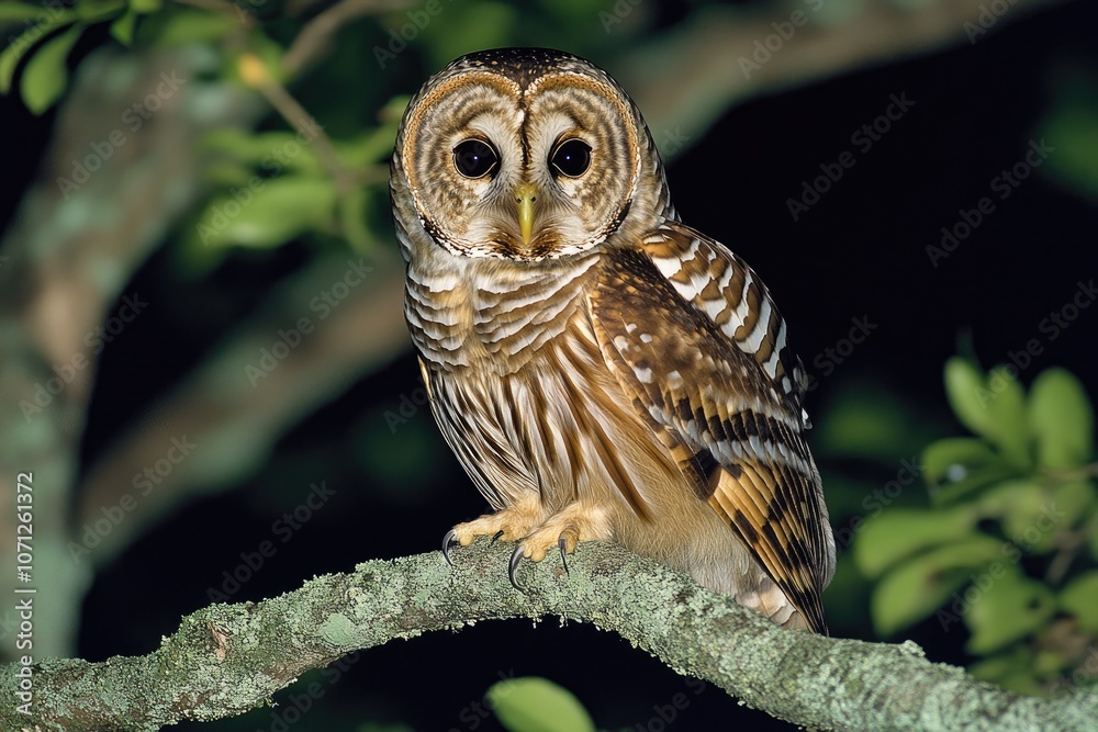 Obraz premium Great horned owl perched on a branch at night, staring with intense gaze