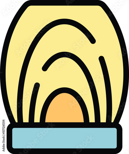 Simple vector icon of a yellow salt lamp standing on a wooden tabletop, emitting warm and cozy light