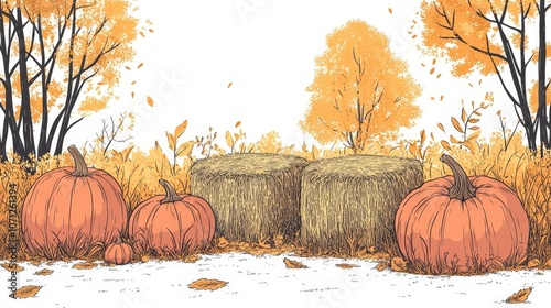 Autumn Harvest Scene with Pumpkins and Hay Bales photo