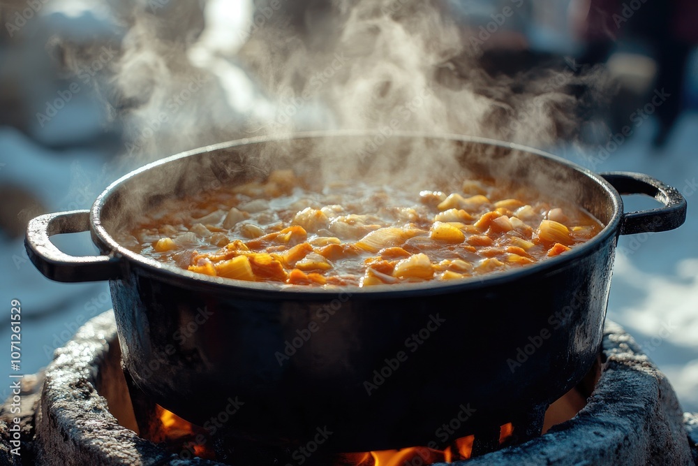 Cooking hot stew in a pot over open fire on a winter day Cooking hot stew in a pot over open fire on a winter day