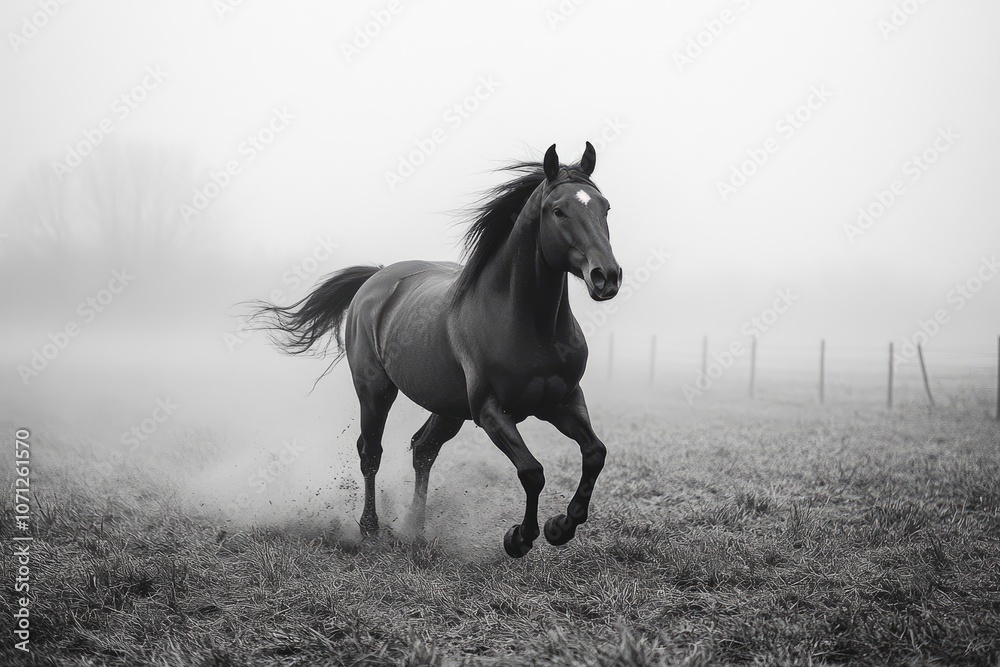 Black horse running on a misty field in black and white Black horse running on a misty field in black and white