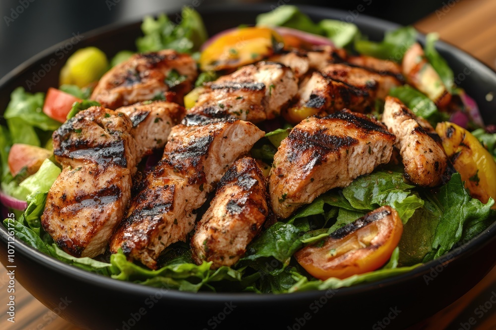 Grilled chicken salad with lettuce, tomatoes, and onions in a black bowl Grilled chicken salad with lettuce, tomatoes, and onions in a black bowl