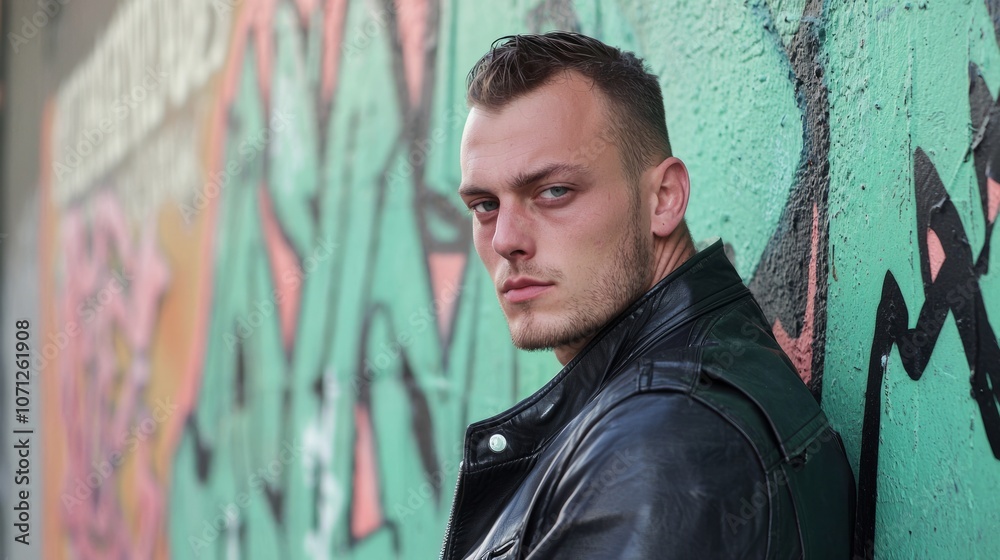 Fototapeta premium Rebel at Heart - Portrait of a Stern Man in Leather Jacket Against Graffiti Wall.