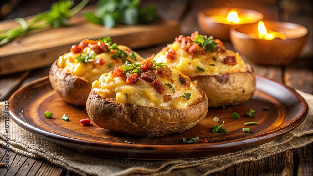 Golden-brown baked potatoes, filled with a creamy blend of cheese and savory bacon bits, garnished with fresh herbs and scattered with chopped green onions, presented on a rustic wooden platter