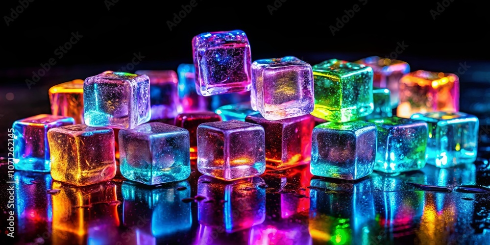 A symphony of iridescent cubes, their translucent surfaces refracting light into a dazzling array of colors, creating a vibrant and captivating spectacle against a backdrop of velvety darkness.