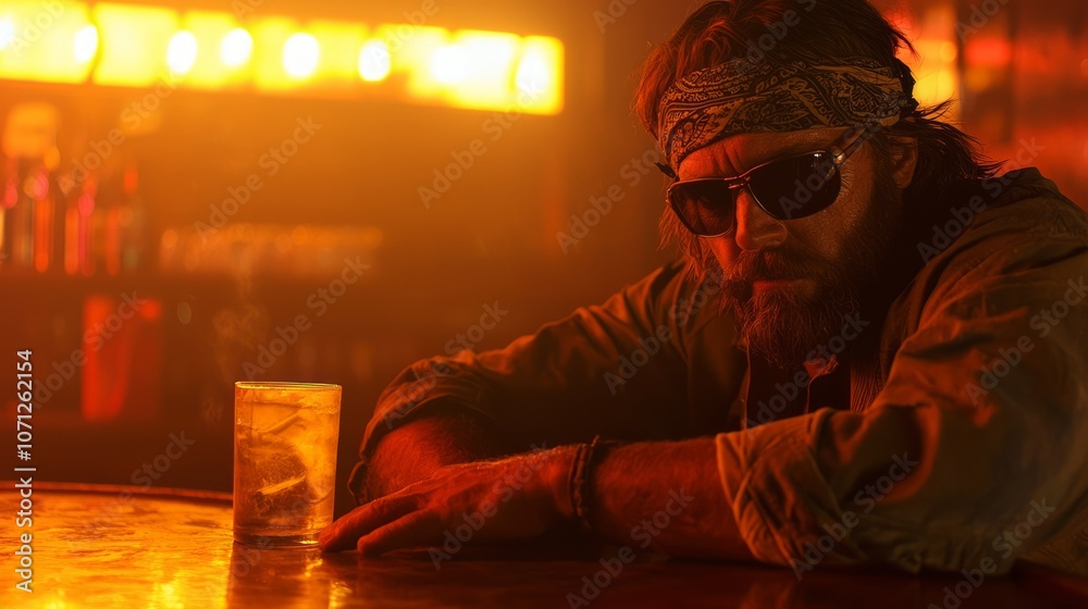 Intense Moment of Contemplation - Rugged Man in Dimly Lit Bar Atmosphere Intense Moment of Contemplation - Rugged Man in Dimly Lit Bar Atmosphere