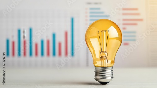 A bright yellow light bulb stands in front of colorful bar graphs, symbolizing ideas, innovation, and data-driven insights.