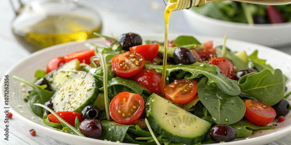 A closeup of a colorful salad overflowing with leafy greens cherry tomatoes cucumber slices and olives all glistening with a light drizzle of olive oil. A closeup of a colorful salad overflowing with leafy greens cherry tomatoes cucumber slices and olives all glistening with a light drizzle of olive oil.