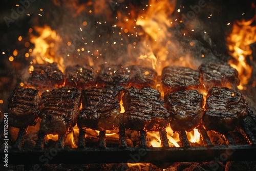 Fiery feast: steaks and meat suspended over grill, surrounded by sparks that dance in air, creating a vivid scene of high heat, bold flavors, highlighting intensity of a live grilling experience. photo