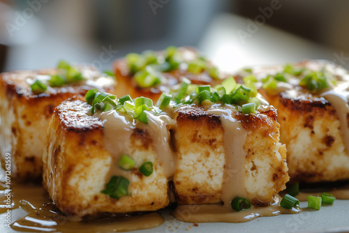 Close-up of tofu topped with sauce garnished with green onions