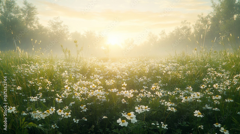Fototapeta premium Sun rays shine through morning fog in a field of daisies.